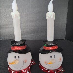 Pair Of Frosted Acrylic Glass Snowman LED Candle Holders Base & Candle Light Up